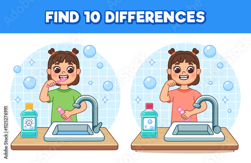 Find 10 differences on the topic of hygiene. Girl brushing teeth, standing near sink with tap. There is mouthwash on table. Cute cartoon illustration, Isolated.