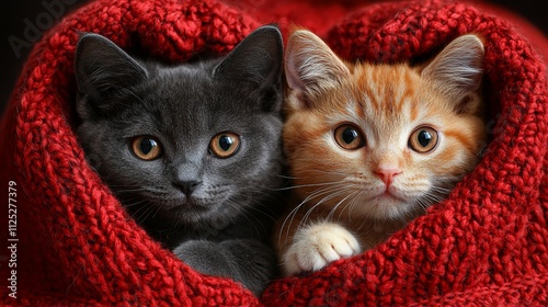Two Kittens Snuggled in a Red Knitted Blanket