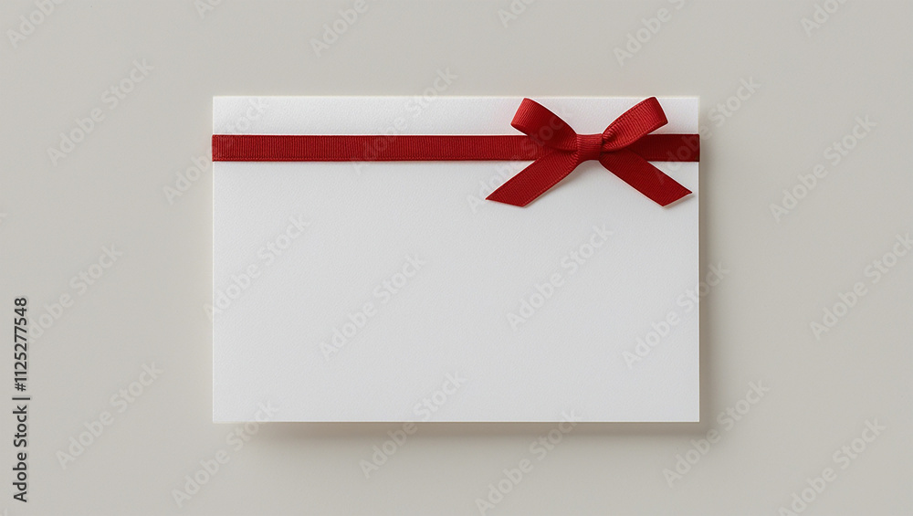 Red ribbon bow on white card note for christmas and new year celebration greeting, banner Red ribbon bow on white card note for christmas and new year celebration greeting, banner