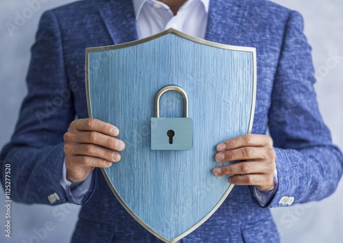 Person touching shield with lock, concept about security, cybersecurity , isolated on white background,  , copy space, copy space for text, photo