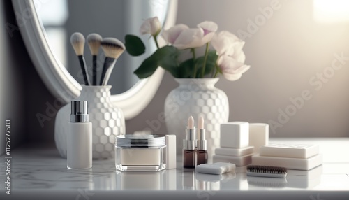 Beautiful luxurious bathroom table with cosmetic products, mirror and vase with bouquet of fresh flowers. Hygienic and skincare indoor background concept.