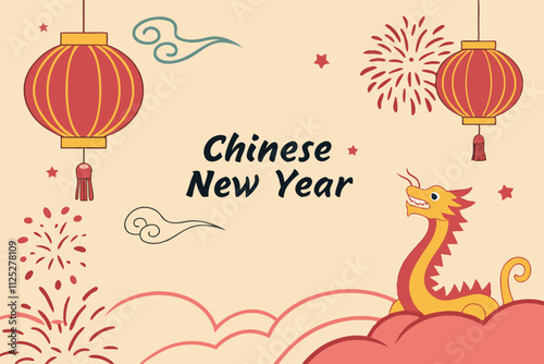Chinese new year celebration with dragon, lanterns, and fireworks