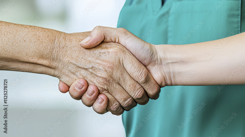 Fototapeta premium Nurse and senior patient shaking hands, symbolizing care and trust. This moment reflects compassion and connection in healthcare settings