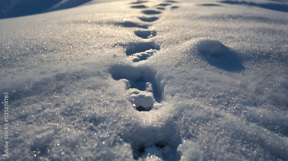 Naklejka premium Animal footprints in fresh snow, sunlight.