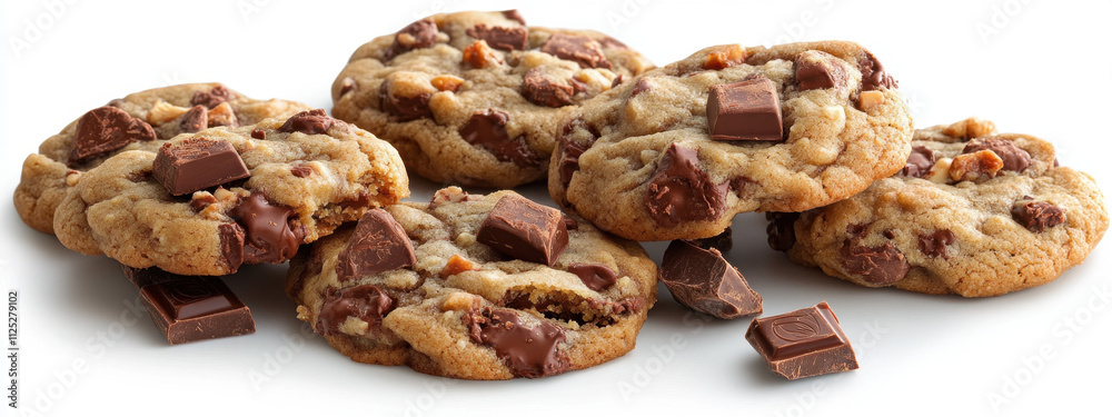 Close-up of freshly baked chocolate chip cookies showcasing gooey chocolate chunks atop a white background, inviting indulgence. Close-up of freshly baked chocolate chip cookies showcasing gooey chocolate chunks atop a white background, inviting indulgence.