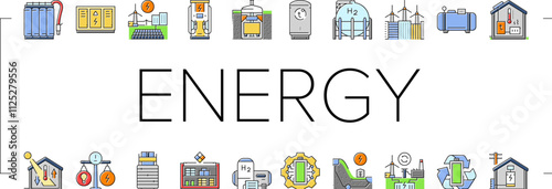 energy storage power system icons set vector. grid lithium, ion electric, photovoltaic wind, green industry, technology, smart energy storage power system color line illustrations