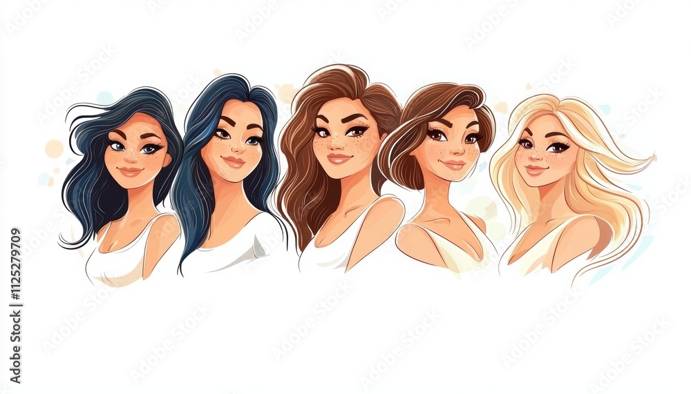 A colorful illustration featuring five diverse women with varying hairstyles and skin tones, showcasing beauty and individuality. A colorful illustration featuring five diverse women with varying hairstyles and skin tones, showcasing beauty and individuality.