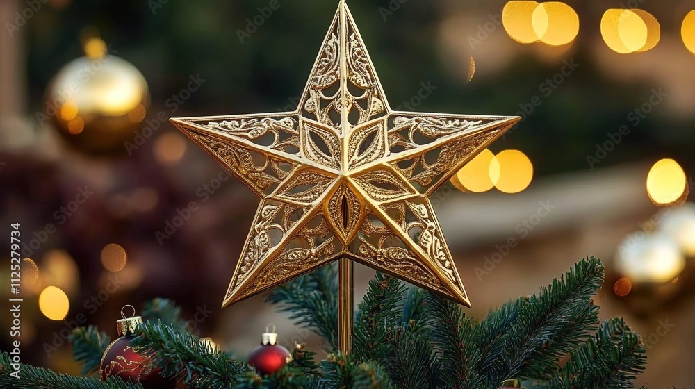 A golden, star-shaped Christmas tree topper with intricate designs and glittering jewels A golden, star-shaped Christmas tree topper with intricate designs and glittering jewels