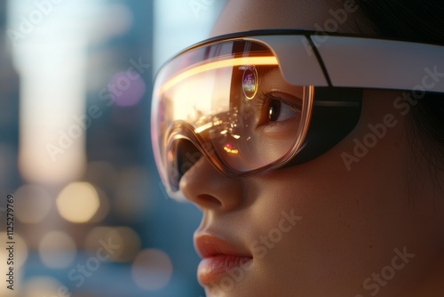 Innovative eyewear showcases futuristic technology in an urban setting during sunset