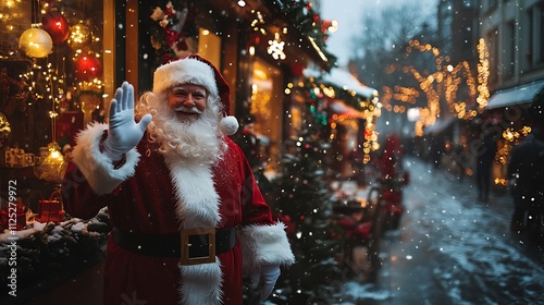 A realistic image of Santa Claus standing on a snowy street, waving at the camera.  photo