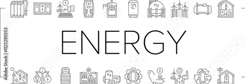 energy storage power system icons set vector. grid lithium, ion electric, photovoltaic wind, green industry, technology, smart energy storage power system black contour illustrations