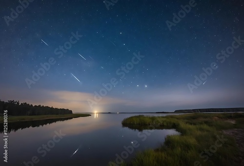 A calm lake reflects a starry night sky with shooting stars. Trees and grass line the shore.