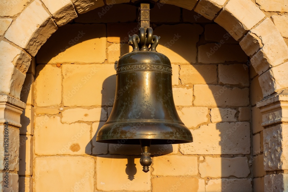 Bronze bell in stone archway illuminated by warm sunlight Bronze bell in stone archway illuminated by warm sunlight