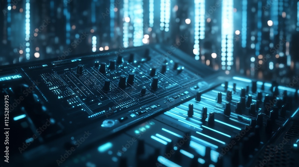 Obraz premium Futuristic control panel, glowing blue, knobs, buttons.