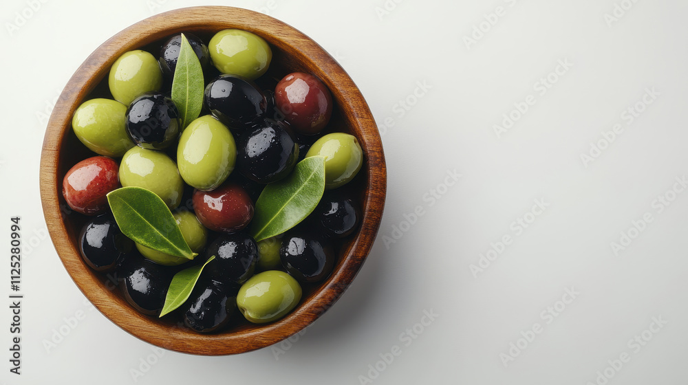 Fresh green and black olives in wooden bowl with leaves, perfect for healthy snacking or Mediterranean dishes. Enjoy vibrant colors and natural textures