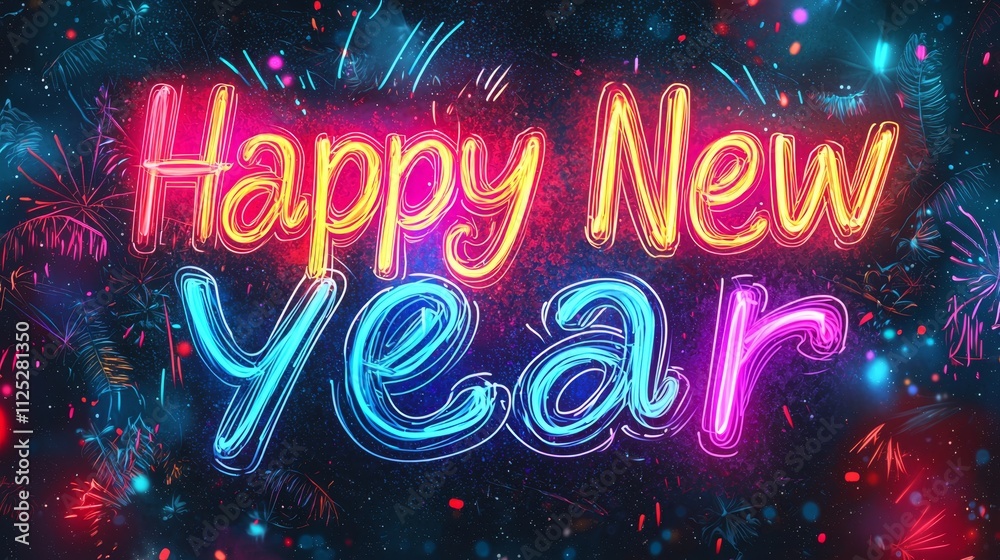 Happy New Year celebration with vibrant fireworks and colorful neon lights brightening the night sky