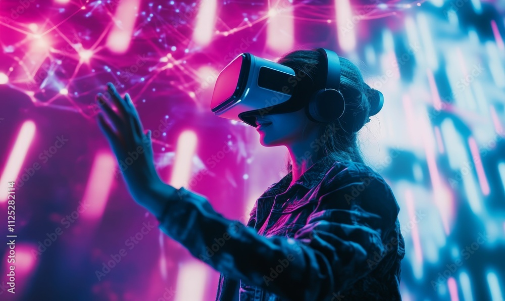 Person wearing headset, interacts with vibrant virtual reality. Person wearing headset, interacts with vibrant virtual reality.