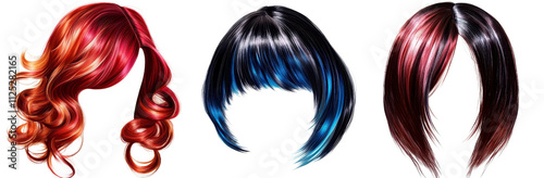 Triple Hair Wig Composition Red, Blue, Burgundy, Isolated on White Background, Digital Painting