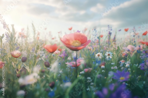 Fototapeta Naklejka Na Ścianę i Meble -  Colorful wildflowers and poppies blooming in a sunny meadow create a beautiful natural landscape