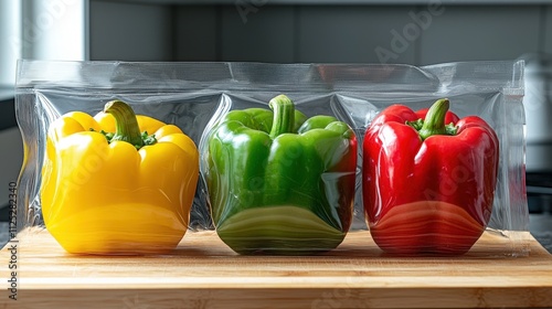 Three Colorful Bell Peppers in Rigid Plastic Packaging