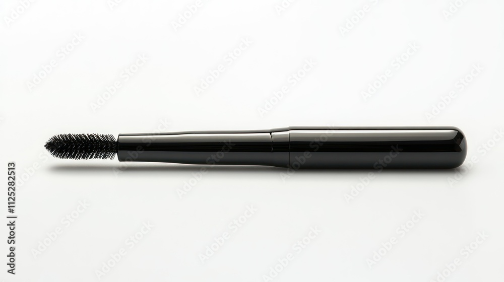 A shiny black mascara wand with glossy hairs that glides smoothly on a clean white background. The clean design emphasizes precision and elegance, perfect for creating a cosmetic brand A shiny black mascara wand with glossy hairs that glides smoothly on a clean white background. The clean design emphasizes precision and elegance, perfect for creating a cosmetic brand