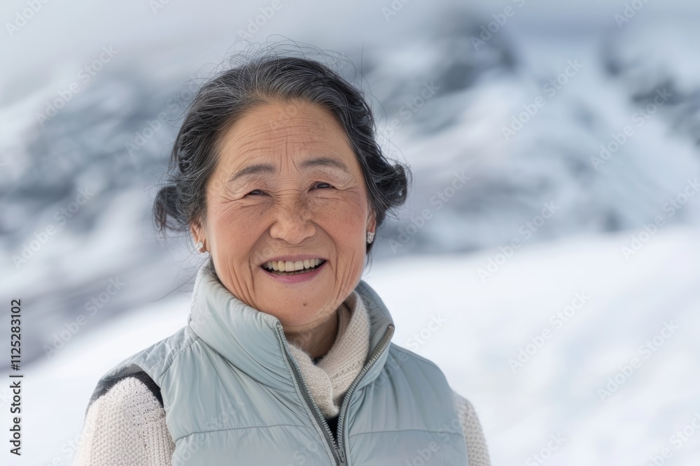 Portrait of a smiling asian woman in her 50s dressed in a polished vest in front of pristine snowy mountain Portrait of a smiling asian woman in her 50s dressed in a polished vest in front of pristine snowy mountain