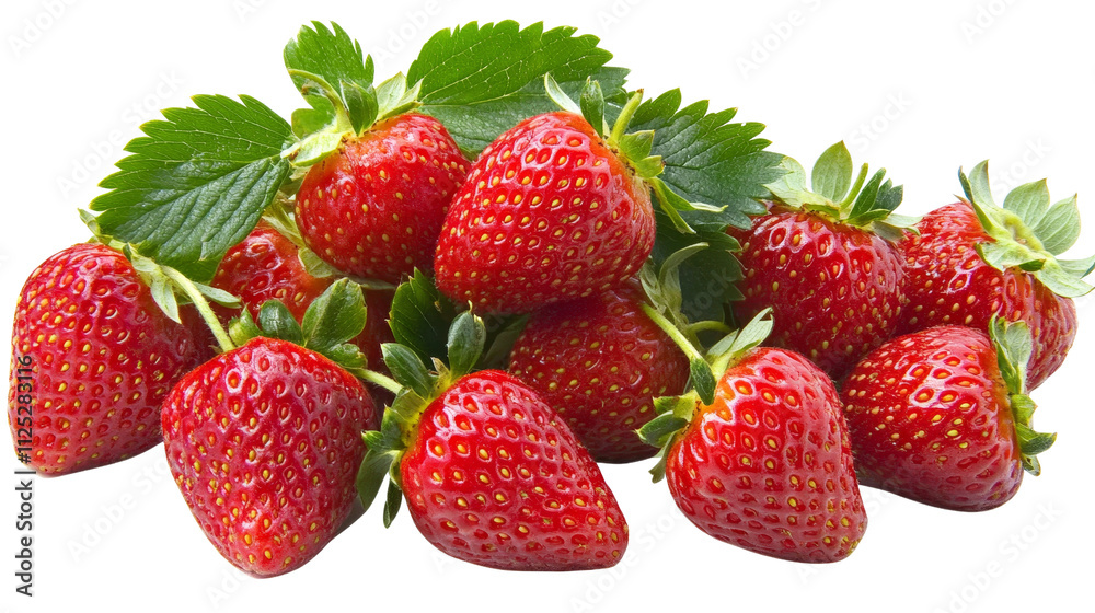 High-Angle Close-up of Fresh Strawberries Composition, Isolated on White Background, Red Fruit, Green Leaves, Juicy, Strawberry Still Life High-Angle Close-up of Fresh Strawberries Composition, Isolated on White Background, Red Fruit, Green Leaves, Juicy, Strawberry Still Life