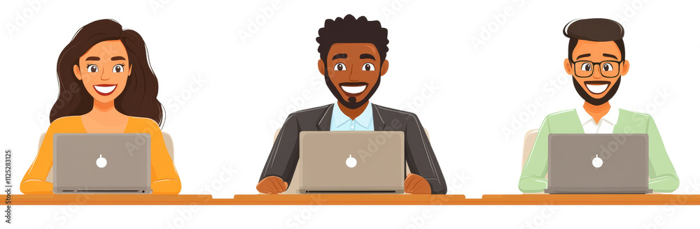 Happy Diverse Team Working on Laptops, Isolated on White Background, Vector Illustration Happy Diverse Team Working on Laptops, Isolated on White Background, Vector Illustration