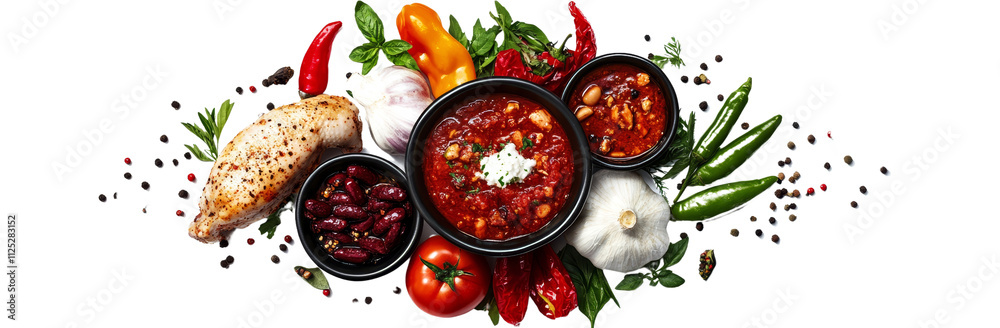 High-Angle Chili Con Carne Composition with Chicken, Beans, and Vegetables Isolated on White Background, Food Photography, Spicy Dish, Mexican Cuisine High-Angle Chili Con Carne Composition with Chicken, Beans, and Vegetables Isolated on White Background, Food Photography, Spicy Dish, Mexican Cuisine