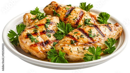 High-Angle Close-up of Three Grilled Chicken Pieces with Parsley Garnish on White Plate, Isolated on White Background