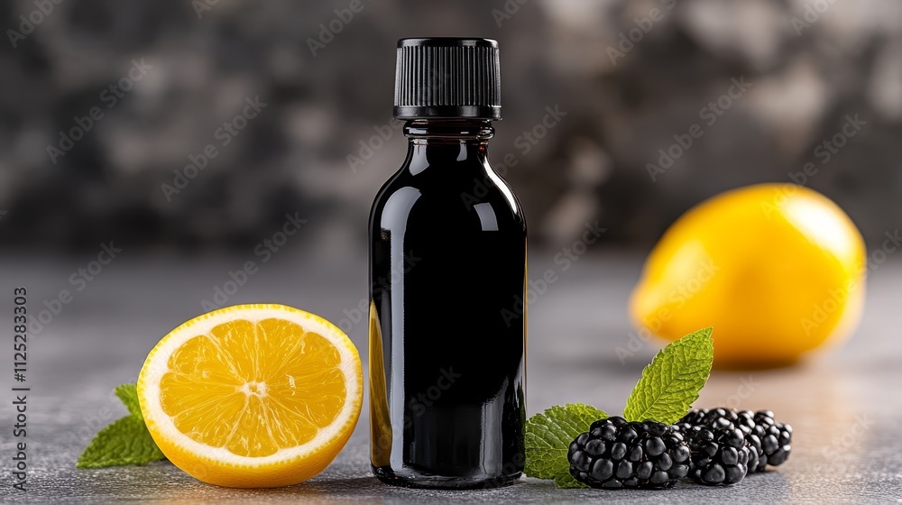 A bottle of essential oil next to a slice of lemon and blackberries A bottle of essential oil next to a slice of lemon and blackberries