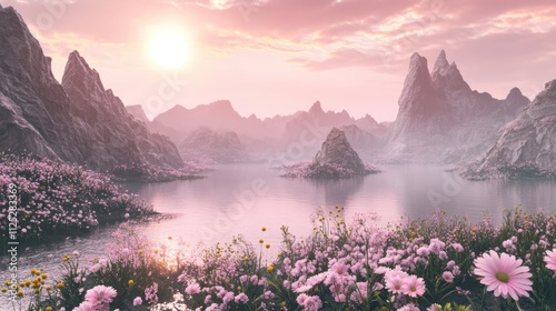 Rugged mountain peaks piercing through misty morning skies, serene lakes reflecting soft pink hues of sunrise, and tranquil landscapes dotted with wildflowers and lush greenery