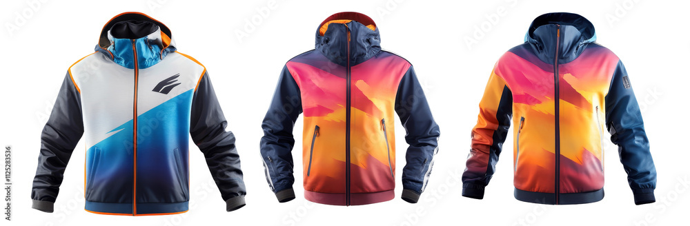 Front View of Three Colorways of a Hooded Jacket, Gradient Print, Isolated on White Background Front View of Three Colorways of a Hooded Jacket, Gradient Print, Isolated on White Background