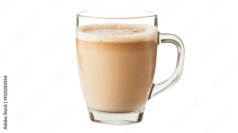 Front View of Latte in Glass Mug, Isolated on White Background, Creamy Texture, Beverage Photography Front View of Latte in Glass Mug, Isolated on White Background, Creamy Texture, Beverage Photography