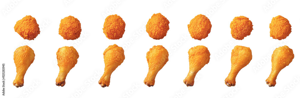 Crispy Fried Chicken Nuggets and Drumsticks, Top View Composition, Isolated on White Background, Food Photography Crispy Fried Chicken Nuggets and Drumsticks, Top View Composition, Isolated on White Background, Food Photography