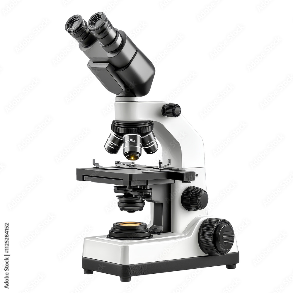 3D Render of White Compound Microscope, Isolated on White Background, Detailed Composition, Scientific Instrument 3D Render of White Compound Microscope, Isolated on White Background, Detailed Composition, Scientific Instrument