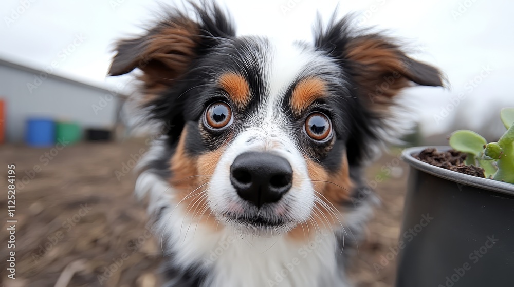 A small dog looking at the camera with a potted plant in front of it