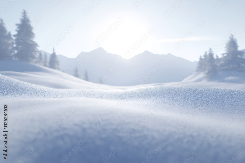 Obraz premium Sunlight illuminates a pristine blanket of snow across rolling hills, creating a tranquil winter scene with snow covered trees and distant mountains