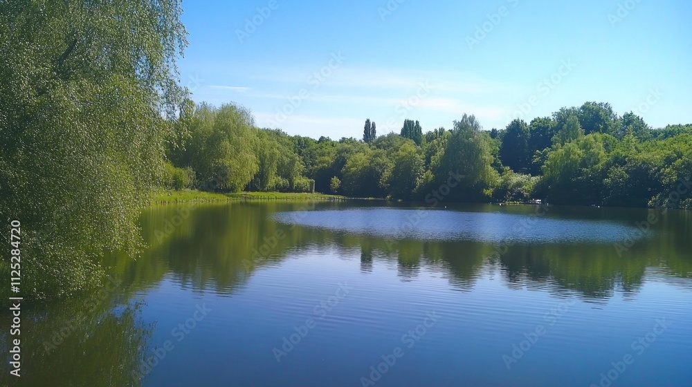 Serene lake reflecting lush green trees under a blue sky Serene lake reflecting lush green trees under a blue sky