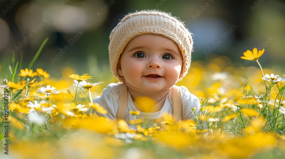 A baby in a field of yellow flowers wearing a knitted hat A baby in a field of yellow flowers wearing a knitted hat