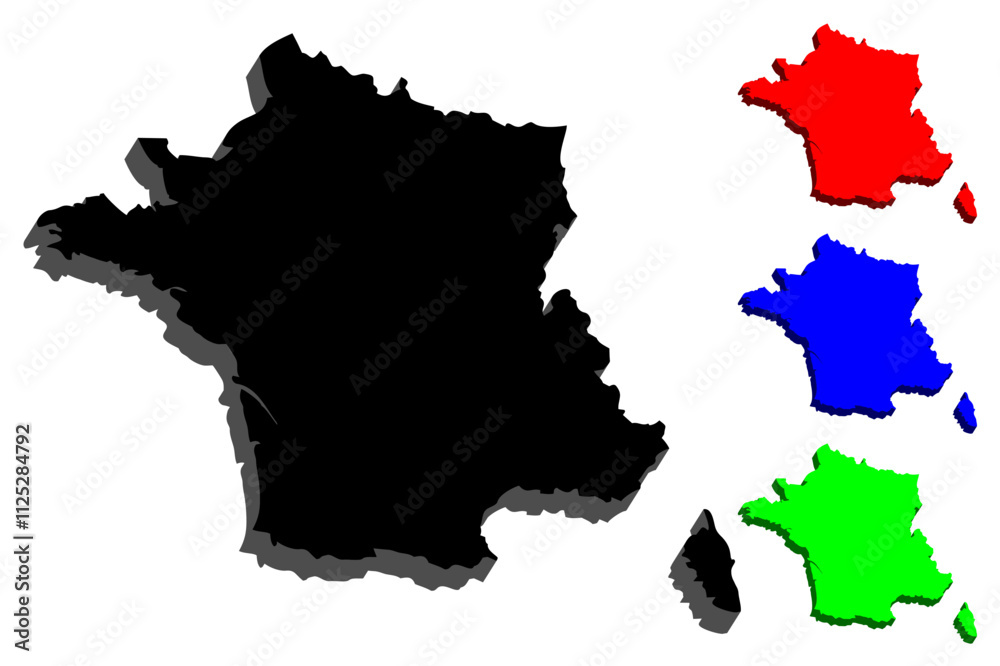 3D map of France (French Republic) - black, red, blue and green - vector illustration 3D map of France (French Republic) - black, red, blue and green - vector illustration
