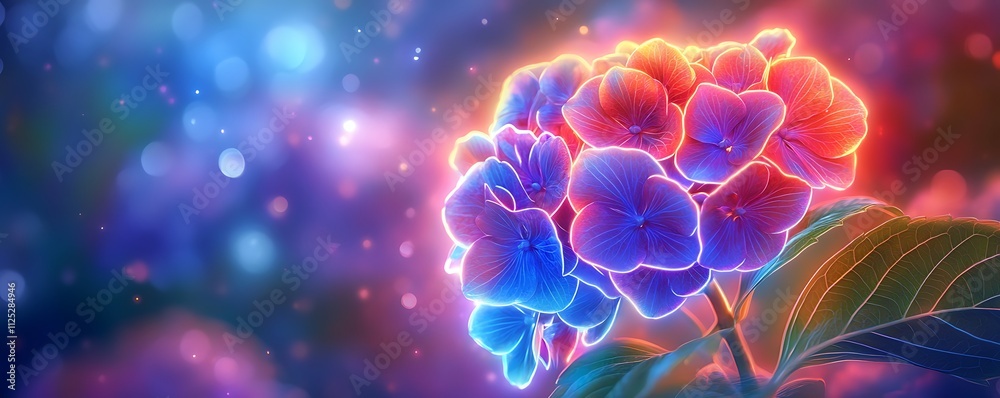 A beautiful neon hydrangea with rich colors and a glowing aura set against a softly blurred background A beautiful neon hydrangea with rich colors and a glowing aura set against a softly blurred background