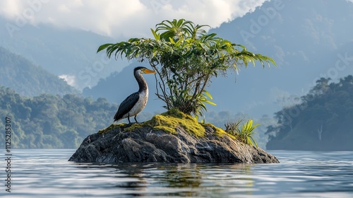 A bird sitting on top of a small island in the middle of a lake photo