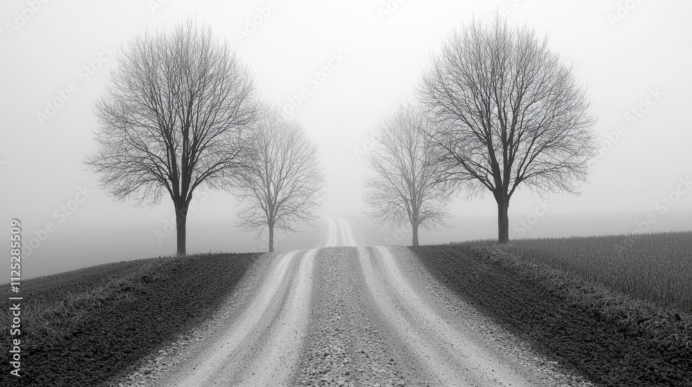 A dirt road in the middle of a foggy field with trees A dirt road in the middle of a foggy field with trees
