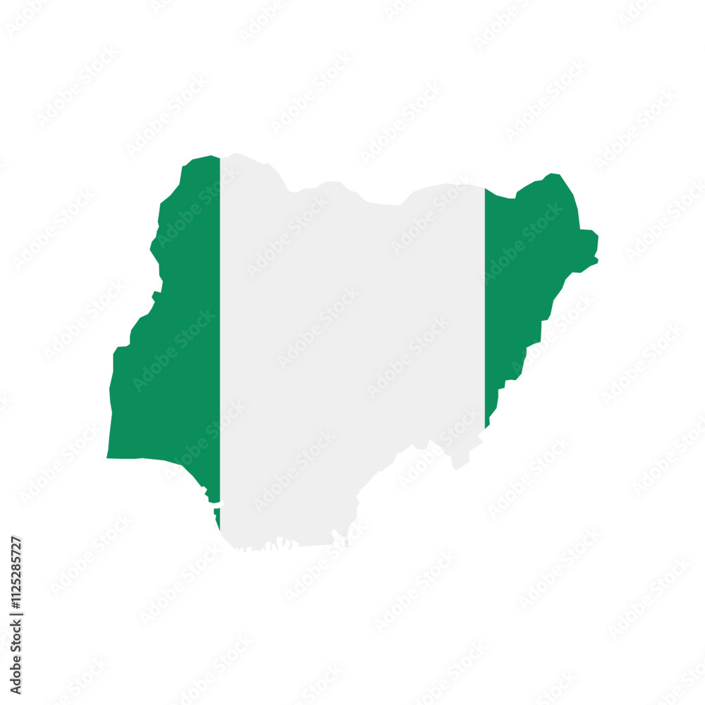 Obraz premium Vector illustration of Nigeria map overlaid with the national flag, highlighting the country's geographic outline combined with its national colors.