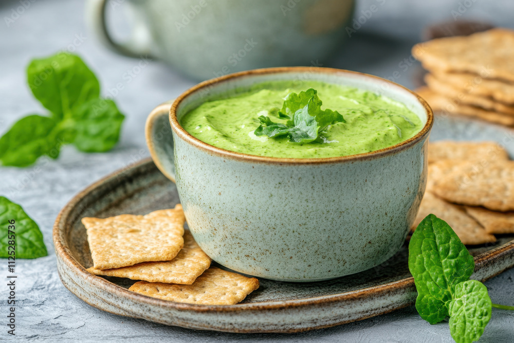 Superfood High Calcium, A vibrant green dip served in a rustic bowl with crackers and fresh mint, creating a fresh and inviting snack presentation. Superfood High Calcium, A vibrant green dip served in a rustic bowl with crackers and fresh mint, creating a fresh and inviting snack presentation.