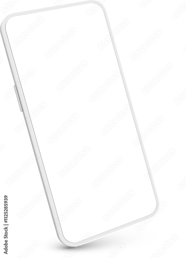 Modern white smartphone featuring a blank screen, floating effortlessly against a clean white background. Highlighting thin rounded edges, volume buttons, and a power button for a sleek design Modern white smartphone featuring a blank screen, floating effortlessly against a clean white background. Highlighting thin rounded edges, volume buttons, and a power button for a sleek design