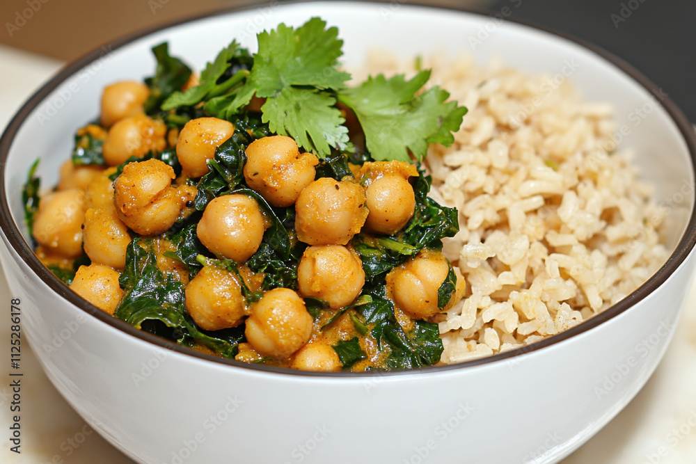 Superfood High Calcium, A bowl of chickpeas and spinach garnished with fresh cilantro, served alongside brown rice, showcasing a nutritious and flavorful meal. Superfood High Calcium, A bowl of chickpeas and spinach garnished with fresh cilantro, served alongside brown rice, showcasing a nutritious and flavorful meal.
