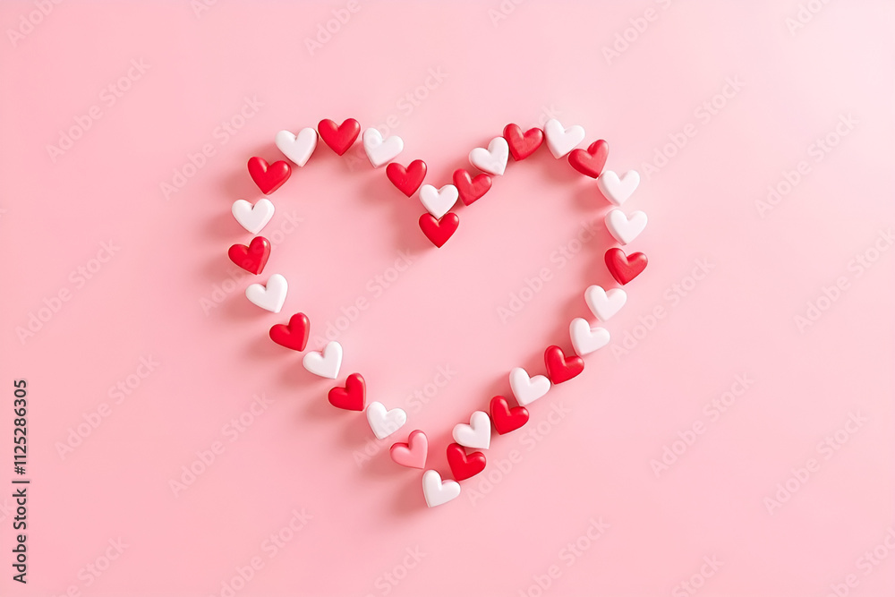 Small red and white hearts forming a bigger heart shape over a pink background with shadows, perfect for valentine's day or romantic projects Small red and white hearts forming a bigger heart shape over a pink background with shadows, perfect for valentine's day or romantic projects