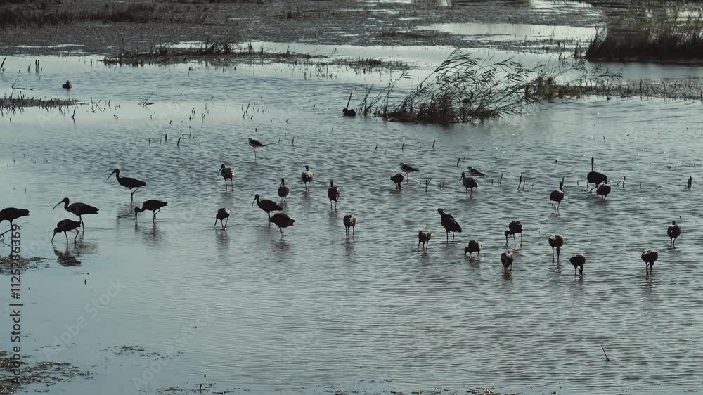Flock of glossy ibis forages for food in the shallow water of a marsh Flock of glossy ibis forages for food in the shallow water of a marsh